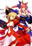  2girls ahoge animal_ears blonde_hair breasts cleavage dress fate/extra fate/grand_order fate_(series) fox_ears fuyuki_(neigedhiver) hair_ribbon holding holding_sword holding_weapon japanese_clothes kimono looking_at_viewer multiple_girls nero_claudius_(fate) nero_claudius_(fate)_(all) red_dress ribbon sword tamamo_(fate)_(all) tamamo_no_mae_(fate) weapon yellow_eyes 