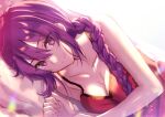  1girl bed braid breasts fate/grand_order fate_(series) fuyuki_(neigedhiver) light long_hair looking_at_viewer lying melty_blood purple_eyes purple_hair sion_eltnam_atlasia smile solo tsukihime underwear 