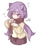  1girl black_scarf black_skirt blush cardigan casual cup double_bun drink drinking_straw genshin_impact hair_bun half-closed_eyes holding holding_cup keqing_(genshin_impact) long_sleeves low_twintails open_clothes purple_eyes purple_hair scarf simple_background skirt twintails white_background yunk8553 