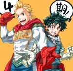  2boys 4o080_yotabnc belt belt_pouch blonde_hair blue_eyes boku_no_hero_academia cape commentary_request elbow_gloves freckles gloves green_eyes green_hair highres male_focus midoriya_izuku multiple_boys muscular muscular_male open_mouth pouch red_gloves smile speech_bubble spiked_hair teeth togata_mirio v white_gloves yellow_background 