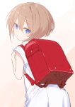  1girl absurdres backpack bag blanc blue_eyes brown_hair buran_buta closed_mouth dress expressionless from_behind hair_between_eyes highres neptune_(series) randoseru short_hair solo white_dress 