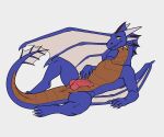  absurd_res animal_genitalia anthro anus blue_body dragon frill_(anatomy) genital_slit genitals hi_res horn knot male penis scalie sharkiedude simple_background slit solo white_background wings yellow_eyes 