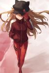  1girl 7aehyun animal_hat black_headwear cat_hat evangelion:_3.0_you_can_(not)_redo eyepatch hat highres jacket long_hair long_sleeves looking_to_the_side neon_genesis_evangelion orange_hair plugsuit rebuild_of_evangelion red_jacket shikinami_asuka_langley solo souryuu_asuka_langley walking 