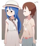  2girls ^_^ aayh akamatsu_yui blue_hair blush brown_eyes brown_hair brown_shirt closed_eyes closed_mouth collared_dress collared_shirt commentary_request dress grey_background grey_skirt hat holding_hands kotoha_(mitsuboshi_colors) long_hair looking_away looking_to_the_side mitsuboshi_colors multiple_girls plaid plaid_skirt profile shirt short_sleeves side_ponytail signature skirt smile two-tone_background very_long_hair white_background white_dress white_headwear 