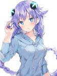  1girl :d aisu_(icicleshot) alternate_costume blue_eyes blue_hoodie blush braid breasts casual choujigen_game_neptune d-pad d-pad_hair_ornament hair_between_eyes hair_ornament hand_up holding holding_hair hood hood_down hoodie long_hair looking_at_viewer medium_breasts neptune_(series) open_mouth power_symbol purple_hair purple_heart simple_background smile solo symbol-shaped_pupils twin_braids twintails very_long_hair white_background 