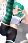  1girl blue_hair blush dress eyebrows green_eyes highres monogatari_(series) ononoki_yotsugi rauto short_shorts shorts smile solo striped striped_legwear thick_eyebrows thighhighs translated twintails v zoom_layer 