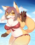  2021 4_fingers anthro big_breasts bikini blush breasts brown_body brown_fur brown_hair brown_nose canid canine chest_tuft claws clothed clothing cloud cute_fangs day dipstick_ears dipstick_tail emanata female fingers fluffy fox fur gesture gloves_(marking) hair hi_res kemono looking_at_viewer mammal markings multicolored_body multicolored_ears multicolored_fur multicolored_tail navel open_mouth outside pawpads portrait pupils sea shitsu_kushi-mono short_hair sky slit_pupils solo swimwear three-quarter_portrait tuft water waving white_body white_fur yellow_body yellow_eyes yellow_fur 