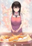  1girl apron bangs black_hair bowl chopsticks closed_mouth collarbone commentary_request cooking dermar eyebrows_visible_through_hair floral_background flower food fried_fish grey_eyes hair_between_eyes hands_together highres looking_at_viewer original pink_apron plate school_uniform shirt short_sleeves shrimp shrimp_tempura signature smile solo standing table tempura uniform white_shirt 