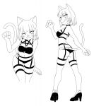  2021 anthro breasts butt clothing domestic_cat felid feline felis female footwear hair hi_res high_heels legwear looking_at_viewer mammal monochrome navel one_eye_closed shoes short_hair simple_background smile solo standing stockings whiskers white_background xbc9 