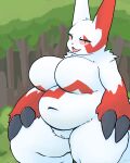  absurd_res anthro belly big_breasts breasts claws detailed_background digital_media_(artwork) featureless_breasts female fur genitals hi_res huge_breasts mammal markings navel nintendo nude overweight overweight_anthro overweight_female pok&eacute;mon pok&eacute;mon_(species) red_markings shard_(artist) smile solo thick_thighs tongue video_games white_body white_fur zangoose 