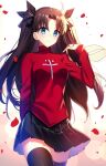  1girl ahoge black_hair black_legwear black_skirt blue_eyes cross fate/stay_night fate_(series) fuyuki_(neigedhiver) hands_up highres long_hair looking_at_viewer red_sweater skirt solo sweater tohsaka_rin twintails white_background 
