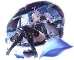  1girl armband black_legwear blue_archive boots commentary_request full_moon hina_(blue_archive) horns looking_at_viewer mechanical_halo military military_uniform moon night purple_eyes silver_hair sitting solo tazaki_hayato thighhighs thighs uniform 