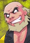  1boy absurdres balding beard blonde_hair chest_hair chouku_tetsushitsuiwa clenched_teeth collarbone commentary_request facial_hair highres male_focus pokemon pokemon_(anime) pokemon_sm_(anime) shirt sideways_glance sketch smile solo teeth upper_body viren_(pokemon) 