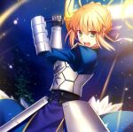  1girl ahoge armor armored_dress artoria_pendragon_(all) blonde_hair excalibur_(fate/stay_night) fate/grand_order fate/stay_night fate_(series) fuyuki_(neigedhiver) green_eyes incoming_attack looking_at_viewer open_mouth saber solo 