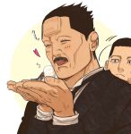  2boys bird bird_on_hand black_eyes black_hair black_suit blush closed_eyes facial_hair golden_kamuy hair_strand hands_up heart highres male_focus multiple_boys mustache necktie ogata_hyakunosuke simple_background tonta_(tonta1231) upper_body ushiyama_tatsuma veiny_hands white_background 