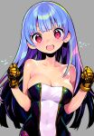  1girl :d bangs bare_shoulders blue_hair blush bodysuit breasts cleavage clenched_hands gloves grey_background kula_diamond large_breasts long_hair looking_at_viewer multicolored multicolored_bodysuit multicolored_clothes open_mouth red_eyes shunin simple_background smile solo strapless the_king_of_fighters tubetop upper_body zipper 