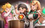  3girls arms_(game) bandana bangs bare_shoulders blonde_hair breasts censored censored_food chest_jewel closed_eyes cooking disgust dress earrings elbow_gloves eyeball food gem gloves gonzarez green_eyes headpiece highres jewelry large_breasts long_hair mario_(series) min_min_(arms) multiple_girls mythra_(massive_melee)_(xenoblade) mythra_(xenoblade) noodles open_mouth paper_mario_64 princess_peach short_dress smile soap soap_bottle super_smash_bros. swept_bangs the_legend_of_zelda the_legend_of_zelda:_breath_of_the_wild tiara very_long_hair white_dress white_gloves xenoblade_chronicles_(series) xenoblade_chronicles_2 yellow_eyes 