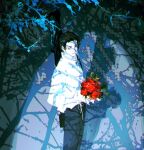  1boy bangs black_hair black_legwear bouquet collared_shirt flower grey_eyes holding holding_flower huangdanlan jujutsu_kaisen looking_to_the_side loose_clothes loose_shirt male_focus moonlight night okkotsu_yuuta pale_skin pants parted_bangs rose shadow shirt short_hair tree tree_branch white_shirt 