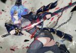  1girl ass black_headwear black_jacket black_legwear blue_hair blurry blurry_foreground chain character_request closed_mouth copyright_request dress eyepatch from_side hat high_heels highres holding holding_sword holding_weapon jacket katana long_sleeves motion_blur panties scabbard sheath short_dress sideways_glance sleeveless sleeveless_dress solo sword thighhighs underwear vardan weapon yellow_eyes zettai_ryouiki 