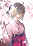  1girl ahoge bangs black_bow blush bow breasts cherry_blossoms closed_mouth commentary_request eyebrows_visible_through_hair fate/grand_order fate_(series) flower fumi_fumi_(7837224) hair_between_eyes hair_bow hakama highres japanese_clothes kimono koha-ace lips long_sleeves looking_away obi okita_souji_(fate) okita_souji_(fate)_(all) outdoors petals pink_flower pink_hakama pink_kimono sash short_hair sidelocks solo wide_sleeves yellow_eyes 