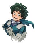 1boy bodysuit boku_no_hero_academia clenched_hand commentary_request cropped_torso elbow_gloves freckles gloves green_bodysuit green_eyes green_hair hood hood_down looking_down male_focus mask mask_around_neck mask_removed midoriya_izuku mouth_mask open_mouth shinomaru short_hair sketch smile solo spiked_hair upper_body white_gloves 