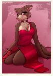  2021 anthro beastars blush border breasts brown_body brown_fur brown_nose canid canine canis chest_tuft choker cleavage clothed clothing countershade_face countershade_torso countershading digital_media_(artwork) dress fangs female fur hi_res inner_ear_fluff jewelry juno_(beastars) kneeling looking_at_viewer mammal multicolored_body multicolored_fur necklace signature smile solo stargazer tan_body tan_countershading tan_fur tuft two_tone_body two_tone_fur white_border wolf 