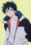  1boy black_hair black_jacket boku_no_hero_academia closed_mouth freckles green_eyes green_hair green_jacket hand_in_pocket jacket long_sleeves looking_at_viewer male_focus midoriya_izuku multicolored multicolored_clothes multicolored_hair multicolored_jacket open_clothes open_jacket pants red_jacket shirt short_hair smile snowflake_print solo two-sided_fabric two-sided_jacket two-tone_hair umi_(ul8nl) upper_body white_jacket white_shirt yellow_background 