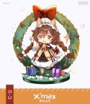  1girl :d animal_ears bangs barcode bell blush_stickers bow box braid brown_dress brown_eyes brown_hair cat_ears chibi christmas christmas_wreath copyright_request dress eyebrows_visible_through_hair fur-trimmed_dress fur-trimmed_sleeves fur_trim gift gift_box grey_background hair_between_eyes highres long_hair long_sleeves looking_at_viewer open_mouth pantyhose red_bow red_footwear rero_(bigdoorbig2) shoes smile solo sparkle standing standing_on_one_leg striped striped_legwear thick_eyebrows twin_braids upper_teeth vertical-striped_legwear vertical_stripes very_long_hair wide_sleeves 