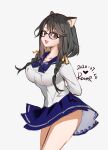  1girl :d animal_ear_fluff animal_ears arms_behind_back black-framed_eyewear black_hair blue_sailor_collar blue_skirt braid breasts brown_hair collarbone copyright_request dated glasses grey_background grey_eyes highres large_breasts long_hair looking_at_viewer open_mouth pleated_skirt rero_(bigdoorbig2) sailor_collar school_uniform serafuku shirt signature simple_background skirt smile solo twin_braids white_shirt 
