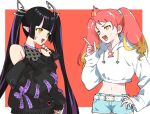  2girls bangs bare_shoulders black_hair black_jacket blonde_hair blunt_bangs border breasts commentary cowboy_shot crossover drawstring fangs from_side hand_on_own_thigh hand_up hikasa_tomoshika hood hood_down hoodie horns index_finger_raised jacket kiko_(kikobooom) kojo_anna long_hair long_sleeves looking_at_another midriff multicolored_hair multiple_girls navel off-shoulder_jacket open_clothes open_jacket open_mouth pointy_ears purple_hair red_background red_hair streaked_hair sugar_lyric sweatdrop two-tone_hair virtual_youtuber voms white_border white_hoodie yellow_eyes 