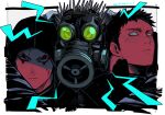  3boys arm_around_shoulder blood blood_on_face character_request check_character dorohedoro face facial_mark gas_mask kaiman_(dorohedoro) kokusoji looking_at_another male_focus multiple_boys risu_(dorohedoro) sideburns spiked spoilers sweatdrop upper_body 