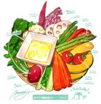  asparagus carrot cauliflower food food_focus food_request highres lotus_root momiji_mao no_humans original radish sauce saucer signature simple_background still_life tomato translation_request tray vegetable white_background 