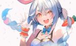  1girl :d animal_ear_fluff animal_ears bangs bare_shoulders blue_bow blue_hair blue_neckwear blurry blush bow bowtie braid breasts bunny-shaped_pupils bunny_ears carrot carrot_hair_ornament commentary_request depth_of_field detached_collar floating_hair food_themed_hair_ornament gloves gradient_eyes hair_between_eyes hair_ornament half-closed_eye hand_up highres hololive idol long_hair looking_at_viewer multicolored multicolored_eyes multicolored_hair nekoboshi_sakko official_alternate_costume open_mouth orange_eyes rabbit_girl round_teeth short_eyebrows sidelocks smile solo sweat sweatdrop teeth thick_eyebrows twin_braids twintails two-tone_hair upper_body upper_teeth usada_pekora virtual_youtuber waving white_background white_gloves white_hair wrist_cuffs 