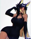  absurd_res animal_humanoid animenopls ankh anput arm_support armwear big_breasts biped black_clothing black_dress black_gloves black_hair blonde_hair breasts canid canid_humanoid canine canine_humanoid choker cleavage clothed clothing dark_body dark_skin dress elbow_gloves eye_markings facial_markings female front_view fully_clothed gloves hair handwear head_markings hi_res humanoid humanoid_hands jackal_humanoid jewelry lips long_hair looking_at_viewer mammal mammal_humanoid markings multicolored_hair necklace pinup portrait pose red_eyes simple_background sitting smile solo tan_body tan_skin three-quarter_portrait two_tone_hair white_background wide_hips yellow_inner_ear 