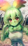  1girl absurdres bangs blurry blurry_background bow bowtie cellval colored_skin commentary day elbow_gloves eyebrows_visible_through_hair gloves green_bow green_gloves green_hair green_neckwear green_skin hair_between_eyes high-waist_skirt highres kemono_friends looking_at_viewer outdoors red_eyes shirt signature skirt smile solo welt_(kinsei_koutenkyoku) white_shirt 