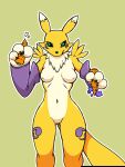  2019 3:4 anthro black_sclera breasts chest_tuft digimon digimon_(species) featureless_crotch female hi_res renamon shio_inu simple_background smile solo standing tuft yellow_body 