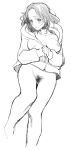  1girl bare_legs blush bottomless breasts collarbone cowboy_shot cropped_legs female_pubic_hair greyscale highres hood hoodie knees_together_feet_apart large_breasts looking_at_viewer lying medium_hair mole mole_under_mouth monochrome morioka_moriko naked_hoodie netojuu_no_susume nipples on_back one_breast_out own_hands_together pubic_hair pussy simple_background sketch solo ukokkei white_background 