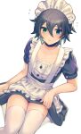  1boy alternate_costume apron bangs black_choker black_dress blue_eyes blush choker closed_mouth collarbone commentary_request crossdressing dress enmaided eyebrows_visible_through_hair flying_sweatdrops frilled_apron frills from_above green_eyes green_hair hair_between_eyes heterochromia hypnosis_mic looking_at_viewer maid maid_apron maid_headdress male_focus mole mole_under_eye mole_under_mouth otoko_no_ko puffy_short_sleeves puffy_sleeves shiny shiny_hair short_dress short_sleeves simple_background sitting solo sweatdrop thighhighs white_background white_legwear yamada_saburou yoruhachi 