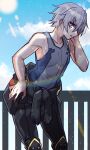  1boy bangs bare_arms bare_shoulders black_bodysuit blue_sky bodysuit cloud collarbone commentary_request day eyebrows_visible_through_hair grey_tank_top hand_on_hip hand_on_own_face haoro highres ledo_(suisei_no_gargantia) lens_flare looking_at_viewer male_focus outdoors parted_lips pilot_suit pink_eyes railing shiny shiny_hair sideways_glance silver_hair sketch sky solo standing suisei_no_gargantia sunlight sweat tank_top 