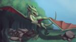  16:9 dragon feral field forrest_(disambiguation) green_body hi_res landscape looking_aside membrane_(anatomy) membranous_wings open_mouth outside raised_leg scalie solo solo_focus superagro widescreen wings wyvern 
