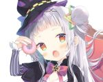  :o bow bowtie doughnut food gradient_eyes hands_up hat hololive long_hair multicolored multicolored_eyes murasaki_shion open_mouth simple_background virtual_youtuber witch witch_hat yuizaki_kazuya 