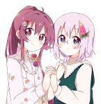  2girls absurdres ahoge bangs blue_eyes blush closed_mouth commentary_request dress eyebrows_visible_through_hair floral_print flower food_themed_hair_ornament glasses green_dress hair_between_eyes hair_flower hair_ornament highres holding_hands ikeda_chitose interlocked_fingers light_purple_hair long_hair long_sleeves looking_at_viewer mesushio multiple_girls ponytail print_dress purple_eyes purple_flower purple_hair red_flower short_hair simple_background smile sugiura_ayano upper_body white_background white_dress white_flower yellow_flower yuru_yuri 