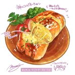  blurry food food_focus garlic_bread garnish highres momiji_mao no_humans original pastry plate realistic signature simple_background sparkle still_life tomato translation_request vegetable white_background 
