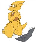  alphys anthro areola belly bleeding_dragon blush bodily_fluids breasts brown_eyes buckteeth chubby_anthro chubby_female claws clipboard clitoris computer eyewear female freckles genitals glasses hi_res kneeling laptop lizard looking_at_screen navel nervous nipples non-mammal_breasts non-mammal_nipples nude pornography pussy reptile scales scalie simple_background slightly_chubby solo sweat teeth thick_tail thick_thighs undertale video_games wide_hips yellow_body yellow_scales 