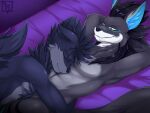  anthro bed bed_sheet bedding bedroom black_body black_fur blue_body blue_fur canid canine canis duo fur furniture hi_res hug male male/male mammal moonfluffmf sleeping smile tired wolf 