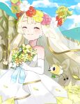  bare_shoulders blonde_hair blue_ribbon blue_sky blush bouquet cliff closed_eyes cloud clover comfey crying cutiefly dress earrings elbow_gloves flabebe flower gen_6_pokemon gen_7_pokemon gloves gold_trim hair_flower hair_ornament happy_tears highres hill jewelry lillie_(pokemon) long_hair orange_flower petals pink_flower pinpati26 pokemon pokemon_(creature) pokemon_(game) pokemon_sm red_flower ribbon sky tears veil wedding_dress white_dress white_gloves yellow_flower 