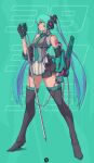  1girl 39 absurdres arm_tattoo artist_name bangs blue_eyes blue_hair blue_neckwear boots breasts cable hair_between_eyes hatsune_miku highres holding holding_cable holding_microphone long_hair looking_up md5_mismatch mecha_musume medium_breasts microphone microphone_stand necktie smallwant25 solo tattoo thigh_boots thighhighs twintails very_long_hair vocaloid watermark 