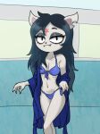  2021 anthro bikini cartoon_hangover centinel303 claire_(the_summoning) clothing domestic_cat fangs felid feline felis female fur half-closed_eyes mammal narrowed_eyes robe smile solo swimwear the_summoning white_body white_fur 