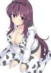  1girl animal_print arm_support bikini bikini_top bikini_under_clothes black_ribbon blush breasts cleavage cow_print drawstring from_above front-tie_bikini front-tie_top hair_ribbon highres hood hood_down hooded_jacket hoodie jacket large_breasts long_hair long_sleeves murasaki_(senran_kagura) open_clothes open_jacket perapera print_bikini print_legwear purple_eyes purple_hair ribbon senran_kagura simple_background sitting solo swimsuit thighhighs very_long_hair wariza white_background white_jacket 