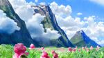  absurdres cloud english_commentary espenolsensaetervik flower grass highres mountain no_humans original pink_flower scenery sky 